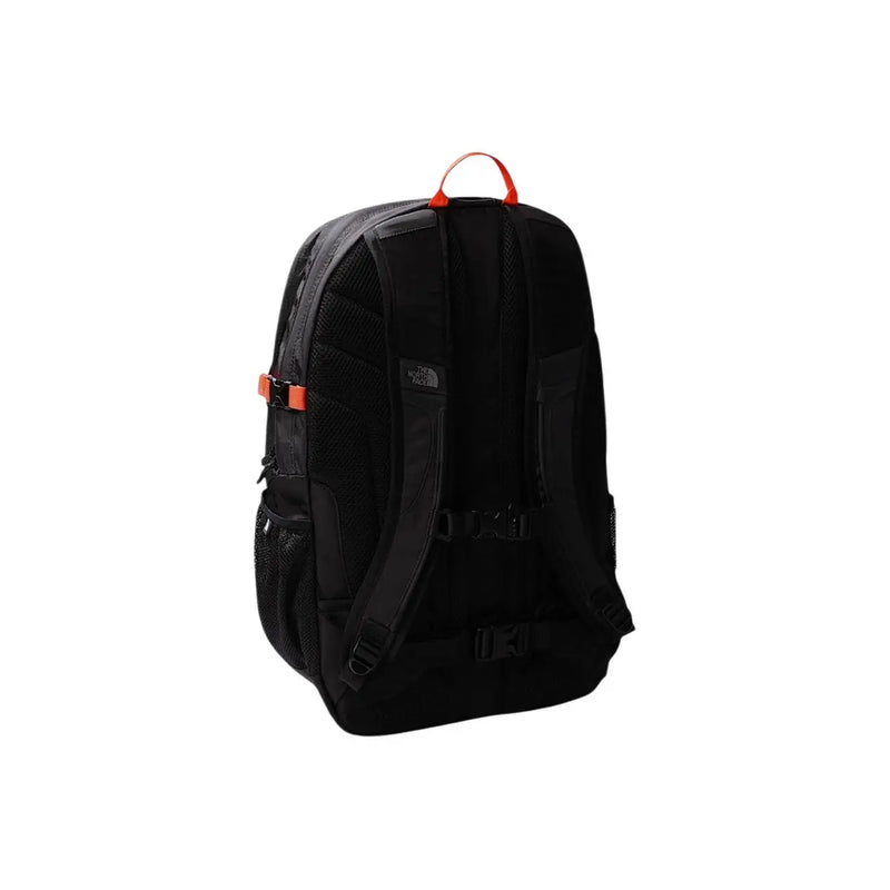 Sac à dos noir The North Face pour homme avec poches en nylon gris et détails orange. top poignée et boucle latérale