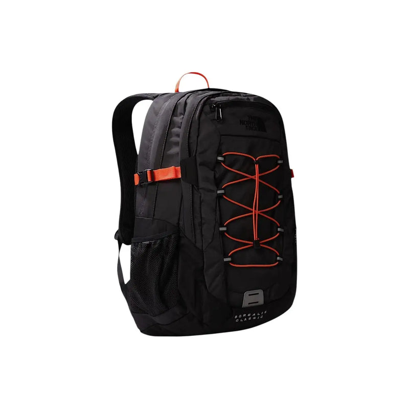 Sac à dos classique The North Face Portals noir avec bretelles orange, poche latérale en filet, en nylon gris, dimensions 34 x 48 x 19 cm.