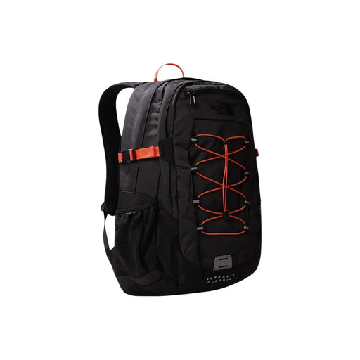 Sac à dos classique The North Face Portals noir avec bretelles orange, poche latérale en filet, en nylon gris, dimensions 34 x 48 x 19 cm.