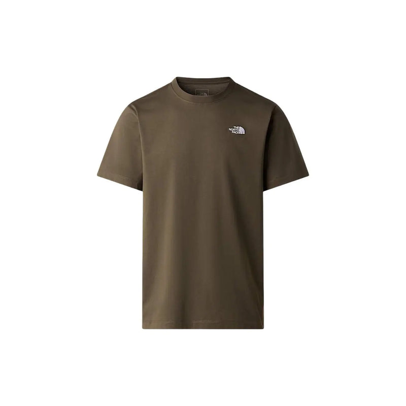 Olive green short-sleeved men t-shirt by the north face with small white logo on the left chest in cotton material