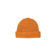 Mustard yellow ribbed beanie hat with folded brim, likely made of wool or acrylic.