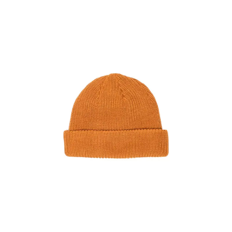 Mustard yellow ribbed beanie hat with folded brim, likely made of wool or acrylic.