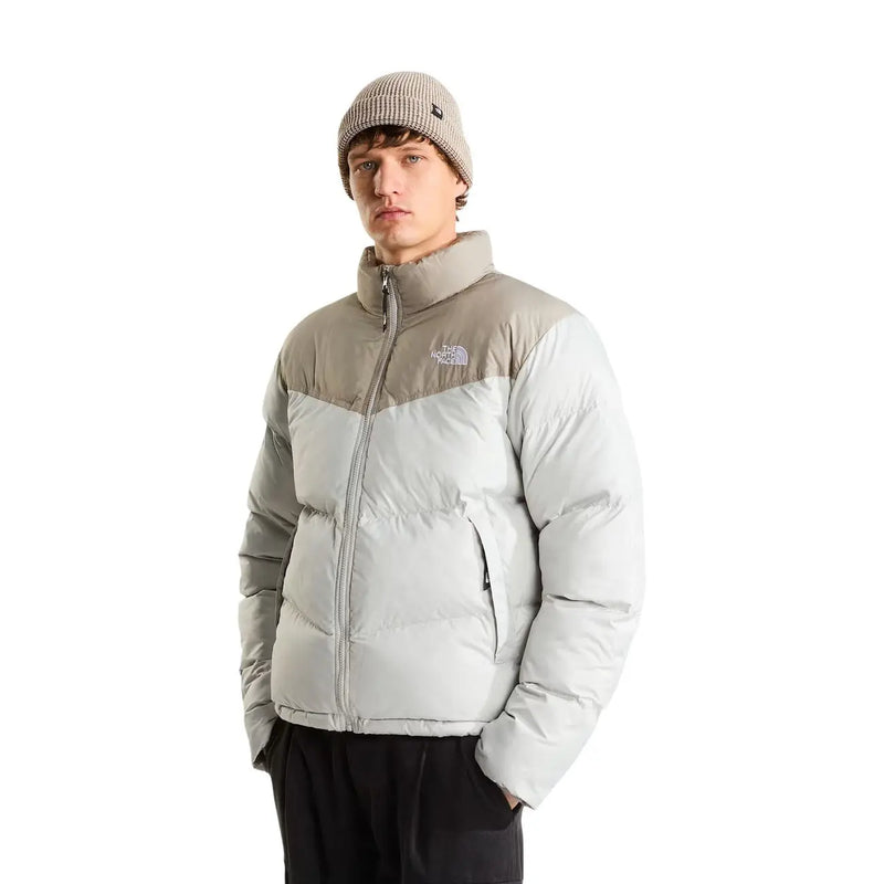 Doudoune The North Face Saikuru pour homme, bicolore grise et beige avec empiècements matelassés, vue de face