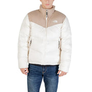Beige and white two-tone puffer jacket with zipper closure, made of synthetic material.