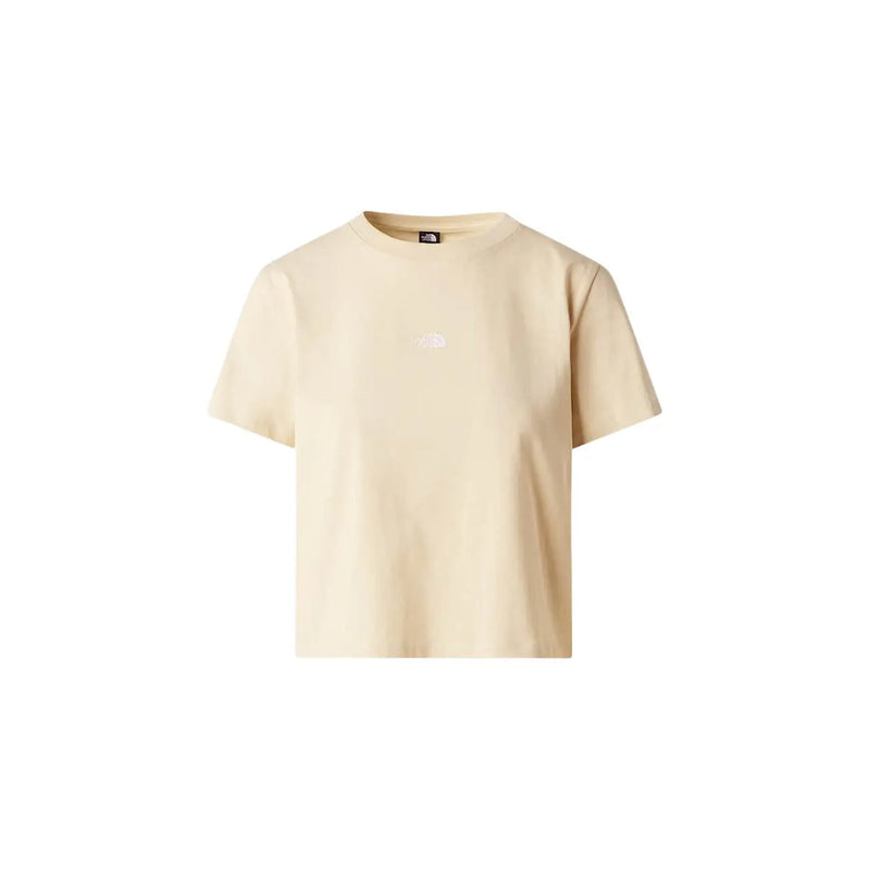 The North Face women beige cotton short-sleeved t shirt with a round neck and subtle embroidered logo on the chest