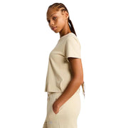 The North Face women beige cotton round neck t shirt with short sleeves and subtle side seam detail