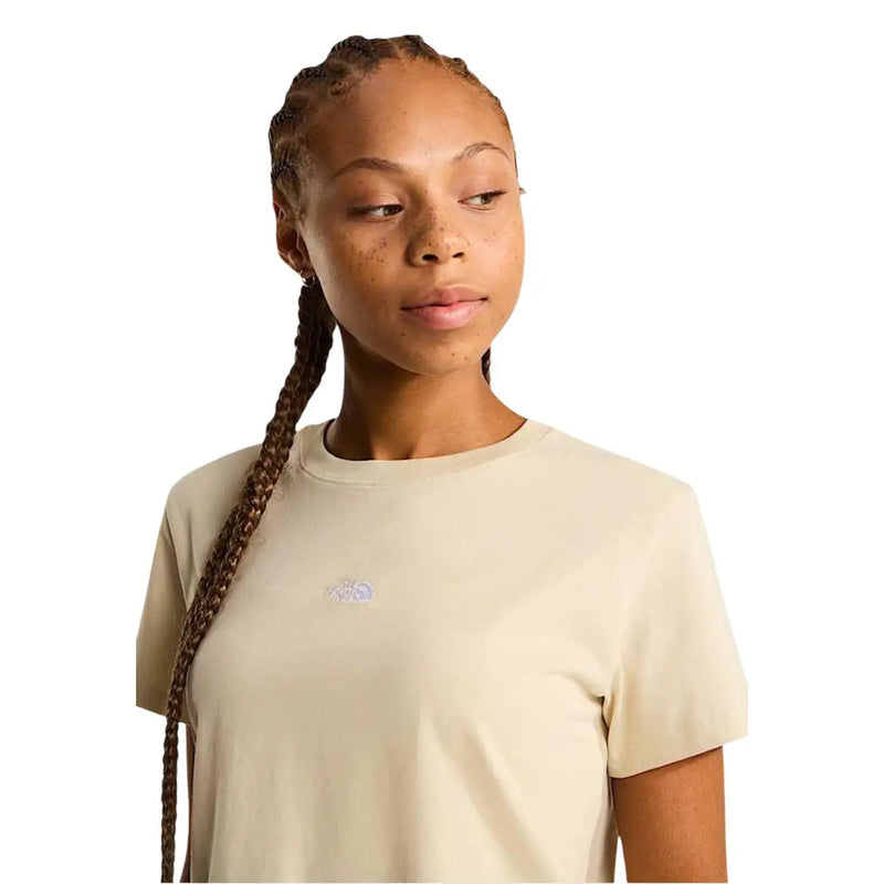 The north face women beige cotton short-sleeved t shirt with a small embroidered logo on the left chest