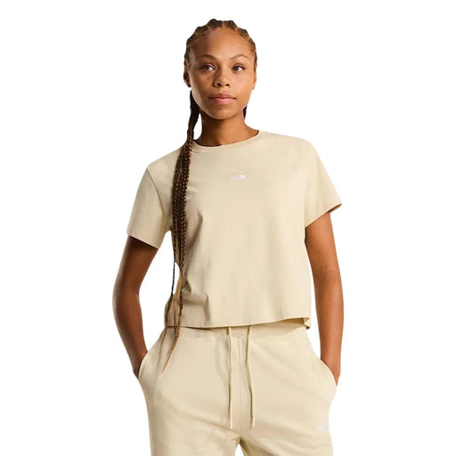 Haut court à manches courtes en coton beige The North Face pour femme top avec un col rond et un logo brodé discret sur la poitrine