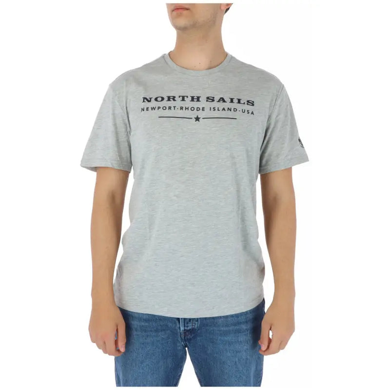 Gray heathered cotton North Sails men t shirt with black logo and Newport Rhode Island USA text for spring summer
