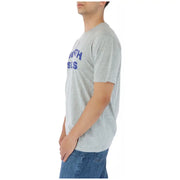 Gray heathered cotton North Sails men round neck t-shirt with blue with ss lettering across the chest