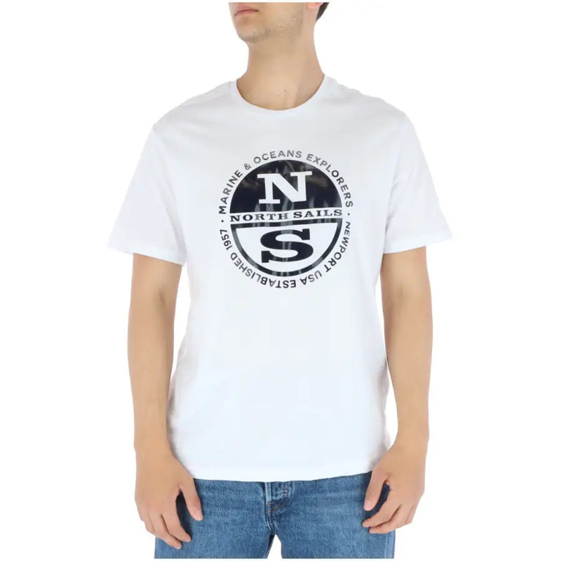 White cotton north sails men t-shirt with round neck and bold black circular maritime logo on the front