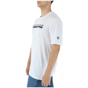 White cotton North Sails men t-shirt with forty sails print in navy and black and a circular logo on the left sleeve