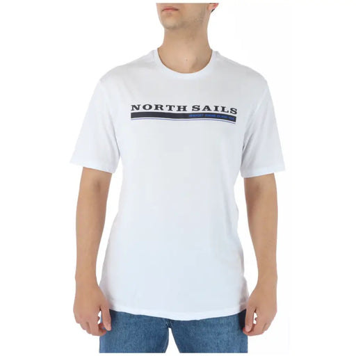 White north sails men t shirt made of 100 percent cotton with navy blue and black text across the chest and round neck