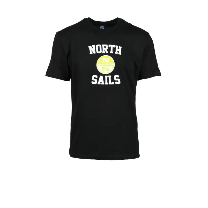 Coton noir North Sails T-shirt homme à col rond et manches courtes, logo blanc et emblème circulaire jaune