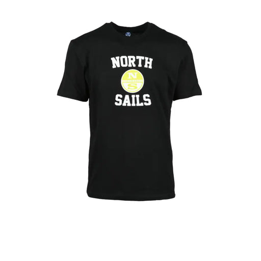 Coton noir North Sails T-shirt homme à col rond et manches courtes, logo blanc et emblème circulaire jaune
