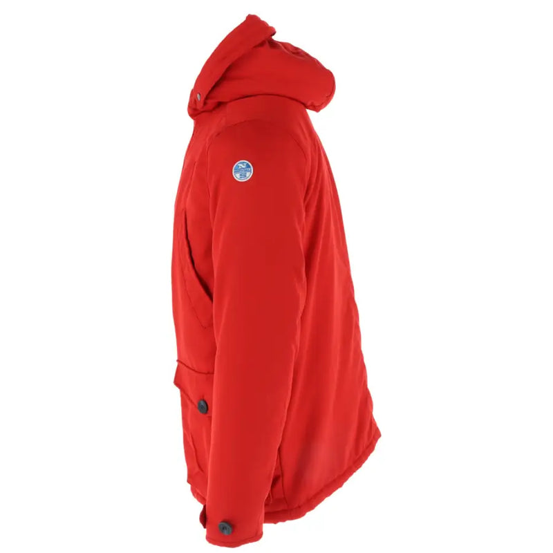 North sails men’s red insulated hooded jacket with pockets featuring a circular logo patch and dark buttons