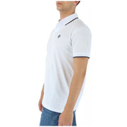 North sails mens white lightweight cotton polo shirt with black collar trim and embroidered logo on the chest