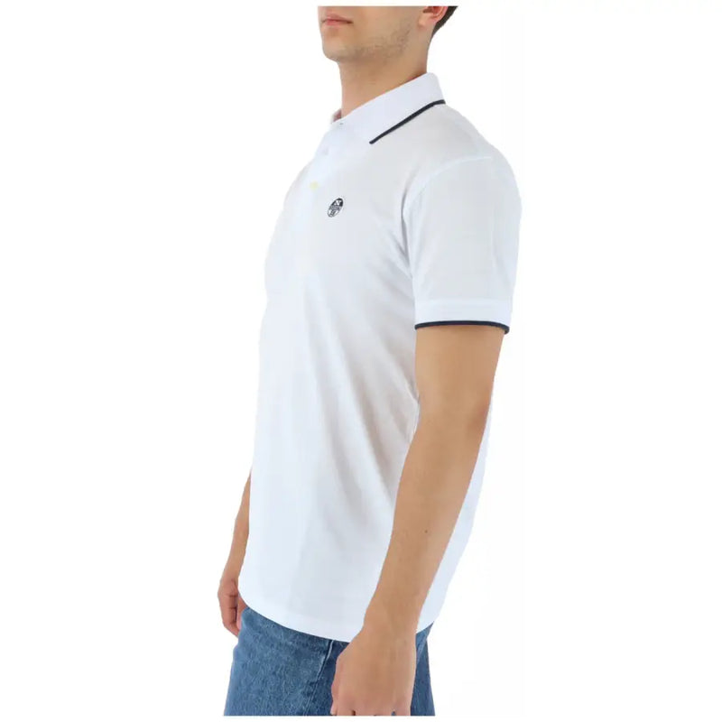 North sails mens white lightweight cotton polo shirt with black collar trim and embroidered logo on the chest