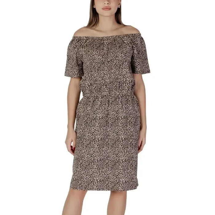 Off-the-shoulder leopard print dress from B.young Orange Polka Dot Short Dress collection
