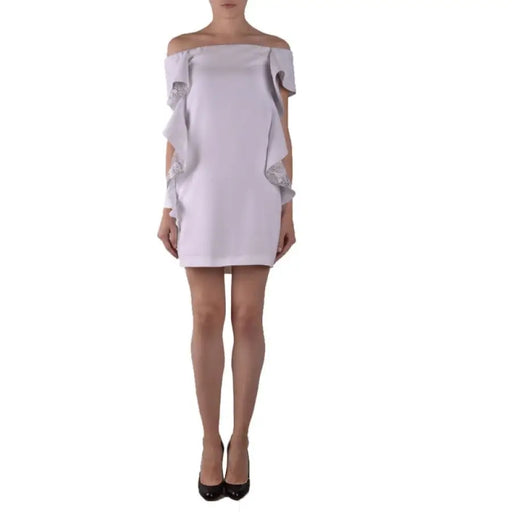 Off-the-shoulder light purple dress with ruffled sleeves from Off Shoulder Ruffled Sleeve Dress in Lilac White and Light Purple