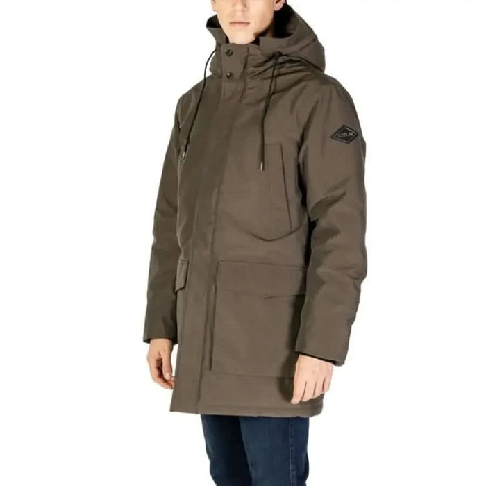Olive-colored hooded winter parka with pockets and quilted insulation by Replay Men’s Jacket
