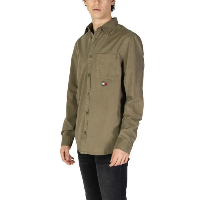Olive green button-down shirt by Tommy Hilfiger for men with long sleeves