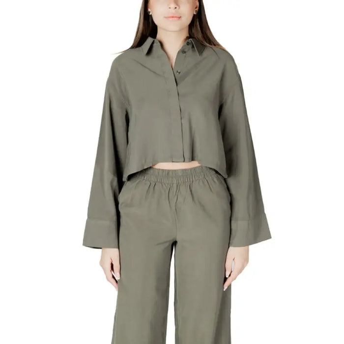 Olive green cropped shirt and pants set featured in Beige Two Piece Open Back Pantsuit