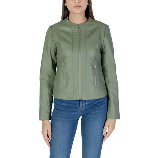 Olive green faux leather jacket from BYoung Women’s Green Long Jacket with Zip