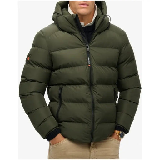 Olive green hooded puffer jacket displayed as part of Olive Green Puffer Jacket With Hood product