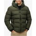 Olive green hooded puffer jacket displayed as part of Olive Green Puffer Jacket With Hood product