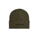 Olive green knit beanie with dark logo patch on folded brim by Calvin Klein