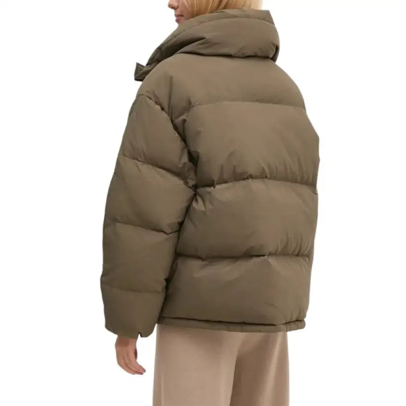 Olive green puffer jacket displayed in the product listing with a sleek, stylish design