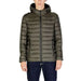 Olive green quilted puffer jacket with hood and black zipper by Gianni Lupo