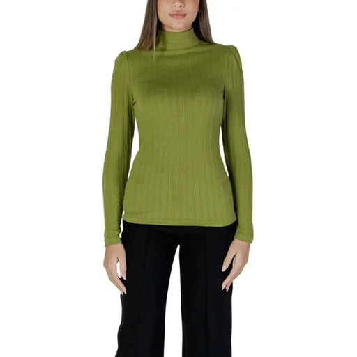 Olive green ribbed turtleneck sweater for women by B.young with long sleeves