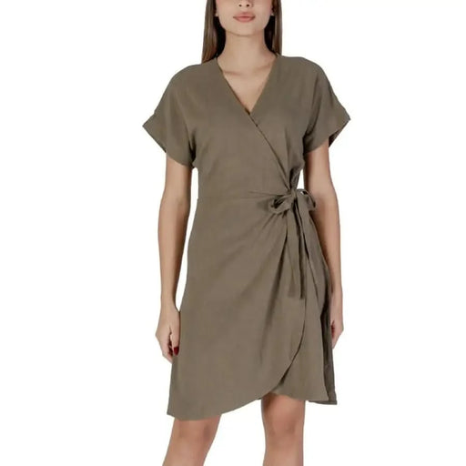 Olive green wrap dress from B.young featuring a short V-neck design