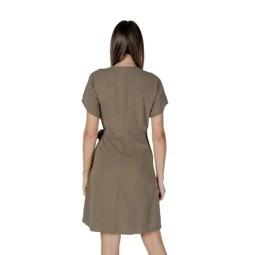 Olive green wrap dress from B.young featuring a short V-neck design