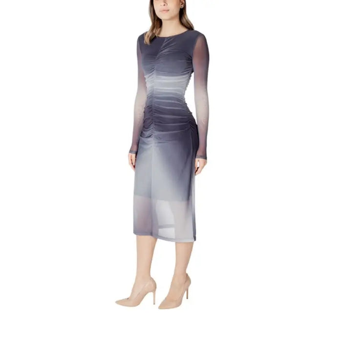 Ombre Long Sleeved Mesh Midi Dress showcasing gradient color and elegant design
