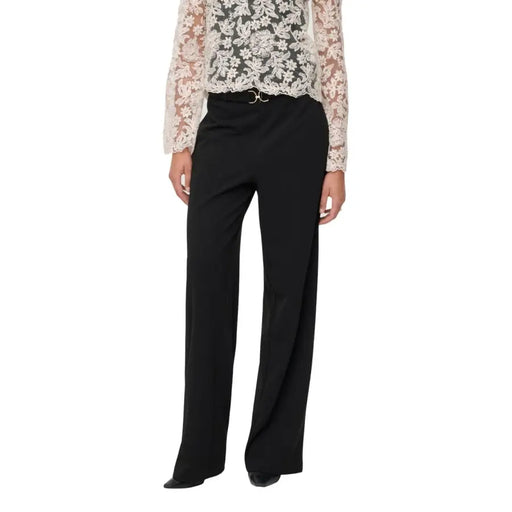 Black wide-leg polyester trousers for women with metallic buckle waistband