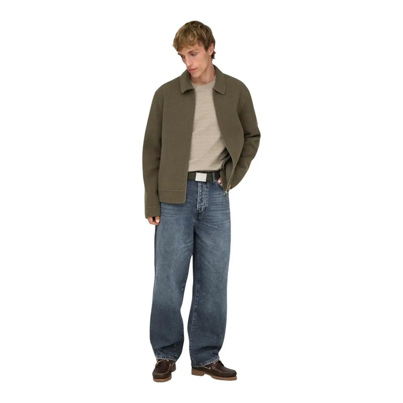 Only Jean ample Onsfade pour homme en laine mélangée vert olive, col classique et fermeture éclair sur le devant, vue de face