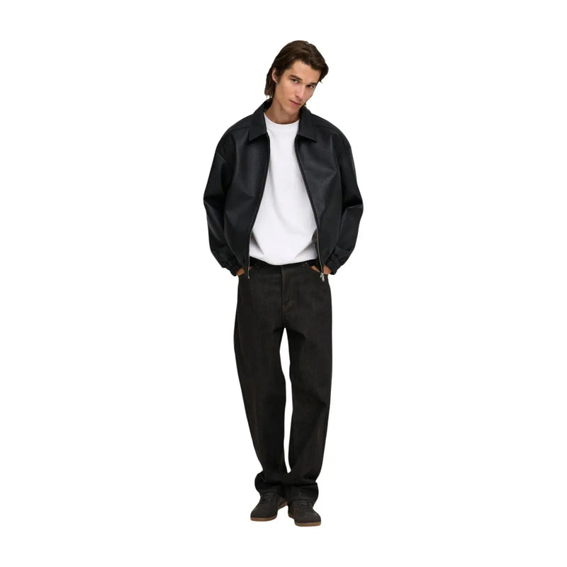 Only Veste Loose Jeans noire en similicuir pour femme, avec col classique et fermeture éclair, vue de face