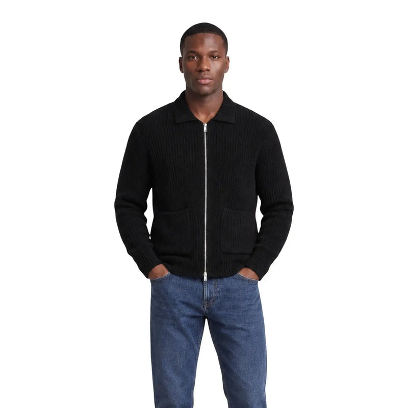 Only & Sons Cardigan FRAME RLX pour homme en maille côtelée noire, fermeture éclair et deux poches avant, vue de face