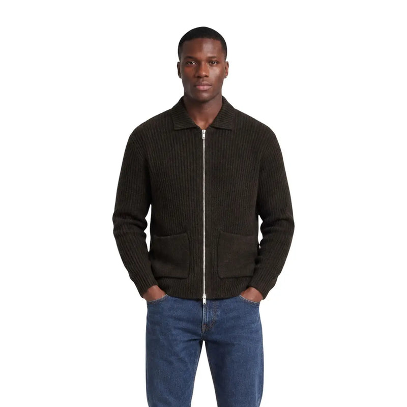 Only & Sons Cardigan FRAME RLX pour homme en maille côtelée vert olive foncé, fermeture éclair et deux poches avant, vue de face