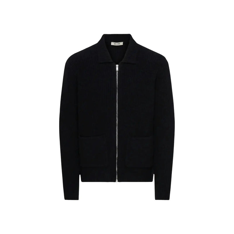 Only & sons Cardigan Frame RLX pour homme en maille noire avec fermeture éclair argentée et deux poches avant, vue de face