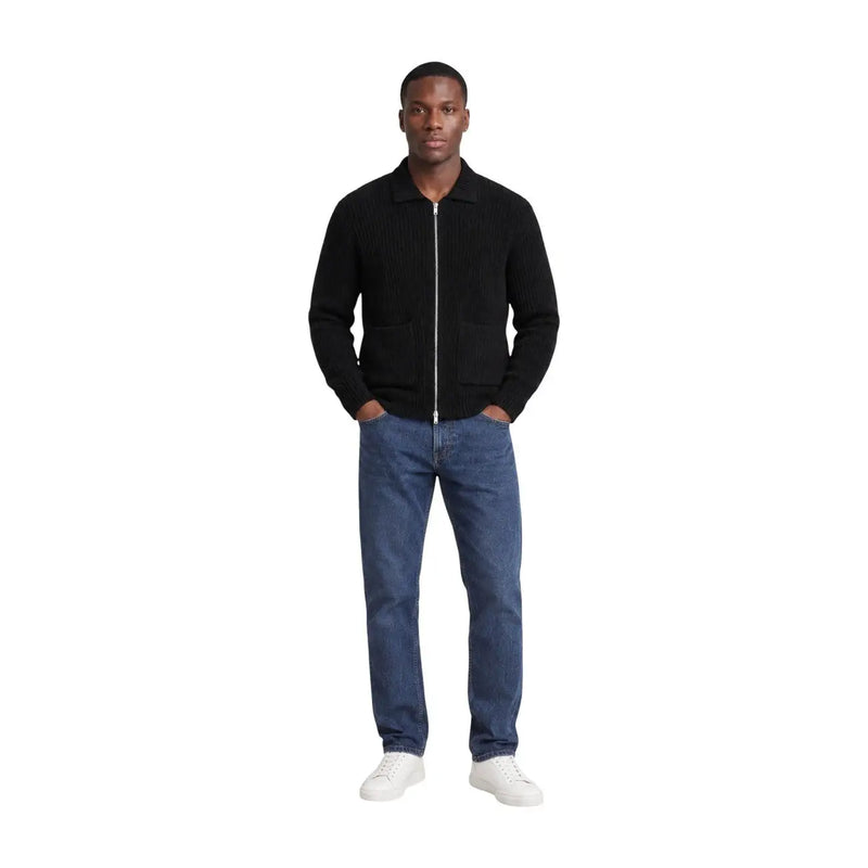 Only & Sons Cardigan FRAME RLX pour homme en maille côtelée noire, fermeture éclair et deux poches avant, vue de face