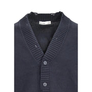 Only Gilet Sons Tune pour homme en maille côtelée bleu marine foncé avec boutons assortis et étiquette de marque à l'intérieur du col, vue de face