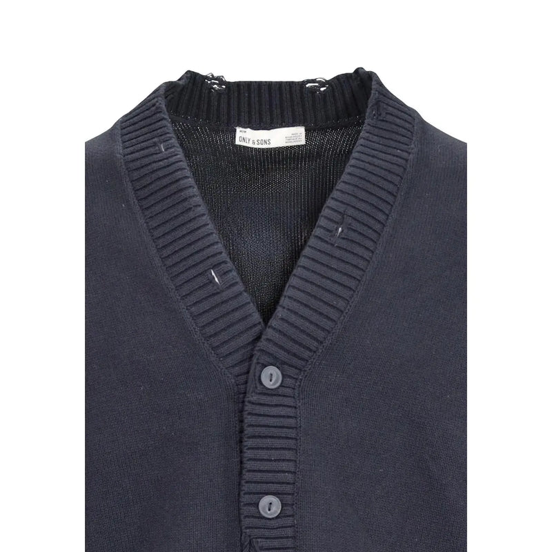 Only Gilet Sons Tune pour homme en maille côtelée bleu marine foncé avec boutons assortis et étiquette de marque à l'intérieur du col, vue de face