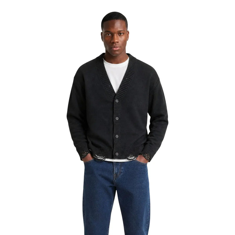 Only Gilet Sons Tune pour homme en maille noire avec poignets et col côtelés, vue de face