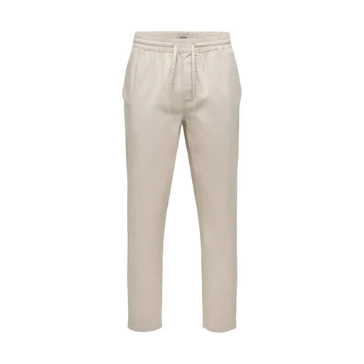 Beige cotton jogger pants with elastic waistband and drawstring from only & sons men trousers collection