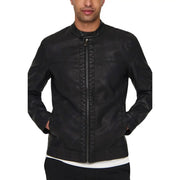 Only and Sons men black faux leather bomber jacket with central zipper subtle stitching polyester polyurethane