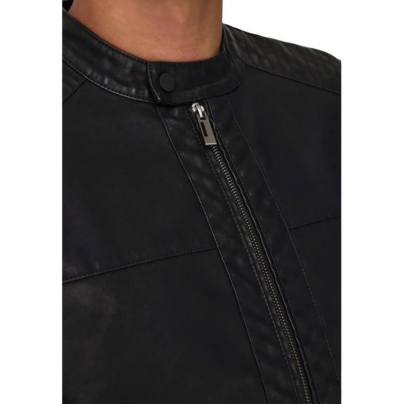 Only and sons men black faux leather zip blazer with matte finish and textured shoulder panels in polyester polyurethane